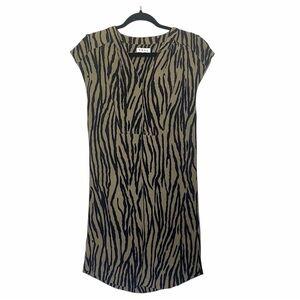 Anthropology THML Shift Midi Dress Womens XS Black Green Cap Sleeve V-Neck Zebra